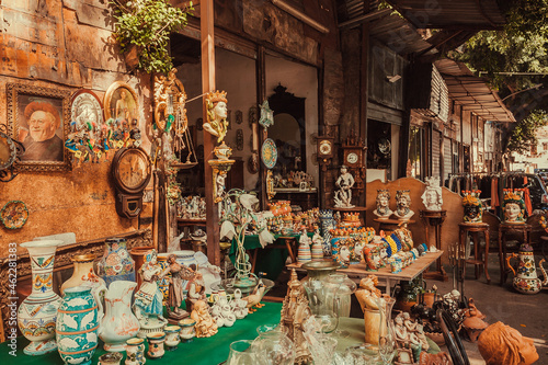 Marketplace with antique artworks, jewelry, ceramics and vintage stuff