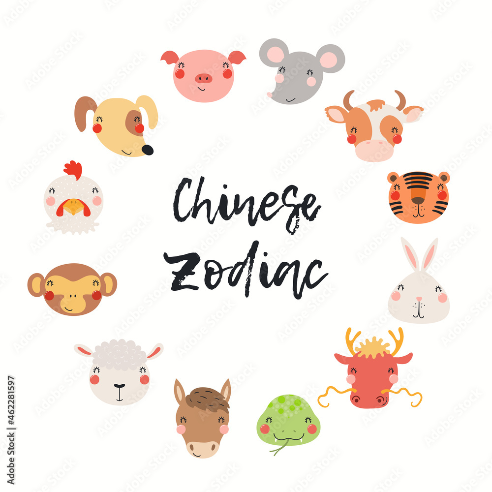 Twelve animals of Chinese zodiac, cute cartoon Asian astrological signs  collection, isolated on white. Hand drawn vector illustration. Flat style  design. New Year card, banner, poster element. Stock Vector | Adobe Stock