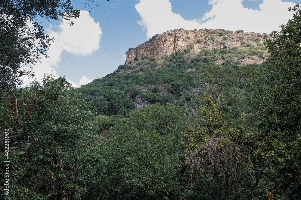 View of Western Galilee mountains as seen from the scenic trail to Ein Tamir Spring, Montfort  Nahal Kziv National park, Northern District of Israel, Israel.    