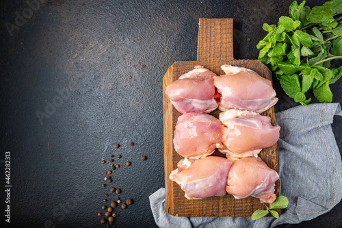 Photos raw chicken thigh boneless pulp meat poultry or turkey fresh ready to eat meal snack on the table copy space food background rustic