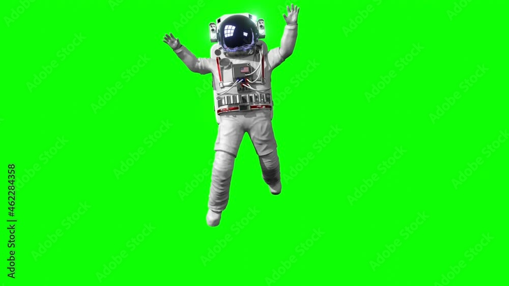 Astronaut jumping and flying away - isolated on green background. 3D 4k animation (3840 x 2160 px).