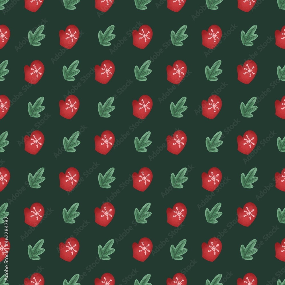 Seamless raster pattern of Christmas tree branches and mittens with snowflakes Seamless raster pattern of Christmas tree branches and mittens with snowflakes