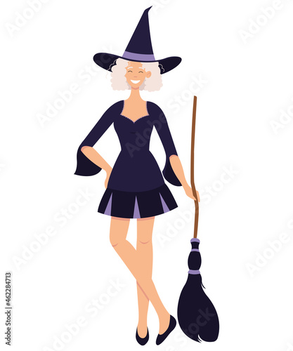 Cartoon witch with broom smiling. Halloween costume for girl. 