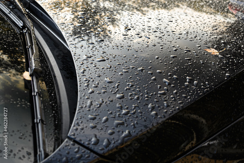 water droplets on the hood of a car after autumn rain