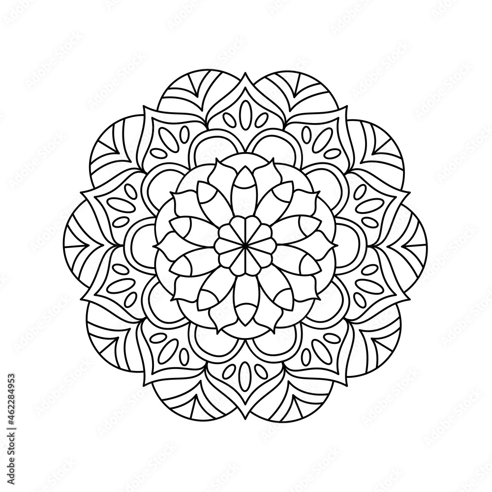 Vector mandala coloring page. Round pattern for adult coloring book and meditative process.