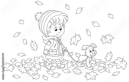 Cute little girl and her merry pup walking on autumn leaves around a park, black and white outline vector cartoon illustration for a coloring book page