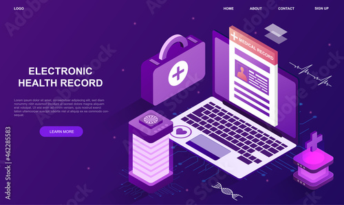 Electronic health record. Patients personal card, doctors analyze medical history. Internet diagnostics, determination of treatment methods. 3d vector illustration isolated on violet background