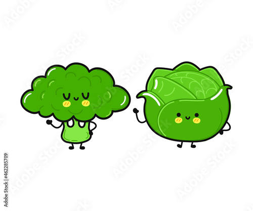 Funny cute happy white cabbage  broccoli  characters bundle set. Vector kawaii line cartoon style illustration. Cute cabbage mascot friends concept