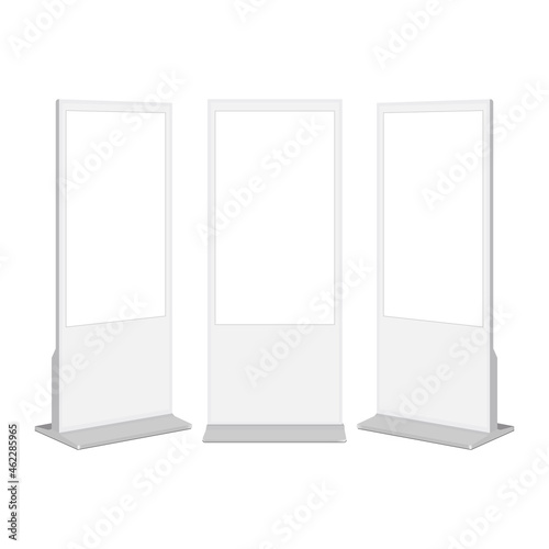 Set of White Digital Signages with Blank Screens, Front and Side View. Vector illustration
