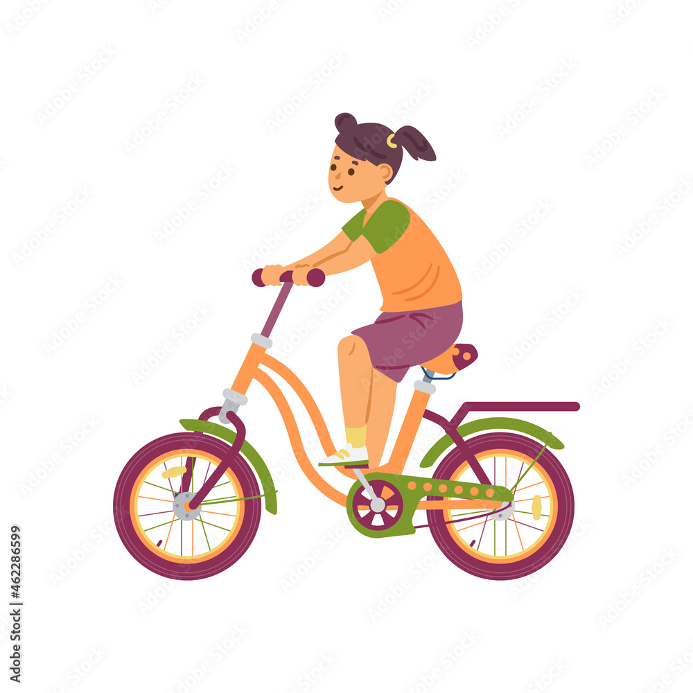 Happy cute little girl riding a bike a flat cartoon vector illustration.