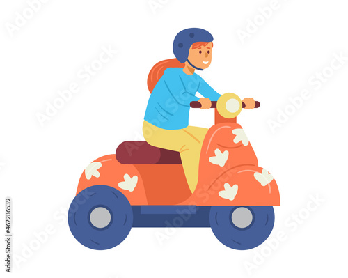 Cute happy kid girl driving the motorcycle or scooter a vector illustration.