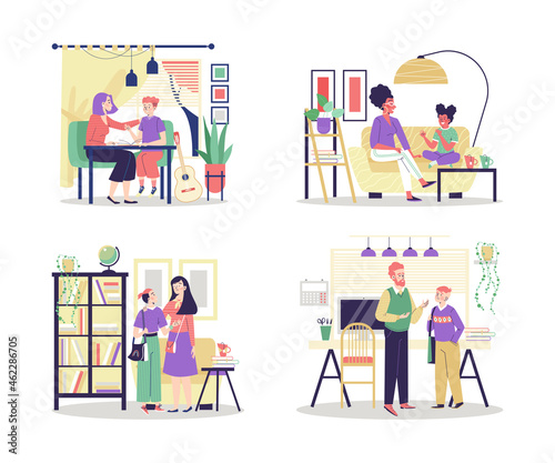 Happy family characters - parents talking with children a vector illustrations