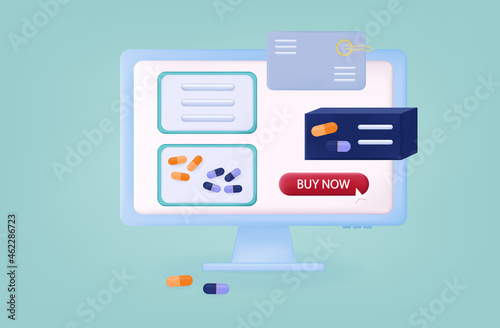 3d buying medicines. Online pharmacy, electronic purchase, selection of drugs. Blister pack, capsules on the computer screen. Advertising, promotional offer.Pharmacy banner. Choice, buy pills.Vector