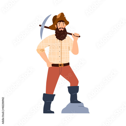 Old gold digger cartoon character with pickaxe flat vector illustration isolated.