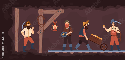 Vintage old gold mine with prospectors or diggers flat vector illustration. photo