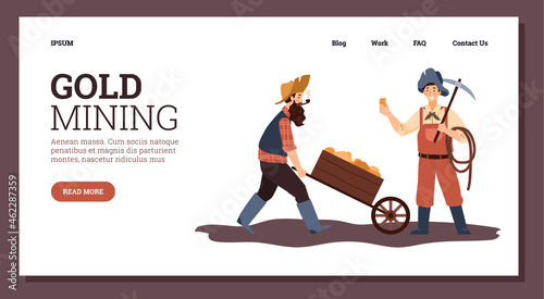 Gold mining webpage with gold rush period miners, flat vector illustration.