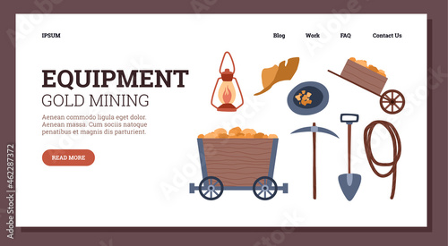 Landing page template with gold mining equipment - flat vector illustration isolated on white background.