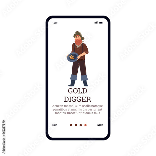 Onboarding mobile screen with gold digger or miner, flat vector illustration.
