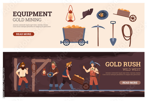 Set of flyers or banners on gold mining and rush, flat vector illustration.