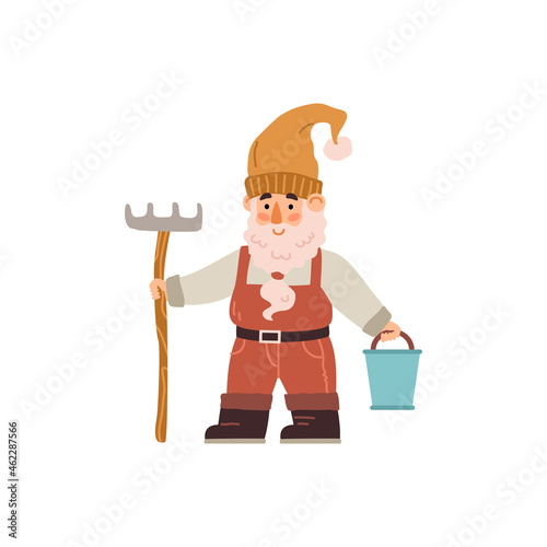 Garden gnome character with rake and bucket, flat vector illustration isolated.