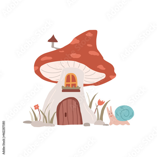 Mushroom fairy house of gnome or fairy, flat vector illustration isolated.