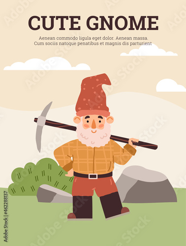 Old bearded gnome character with pickaxe, flat vector illustration isolated.