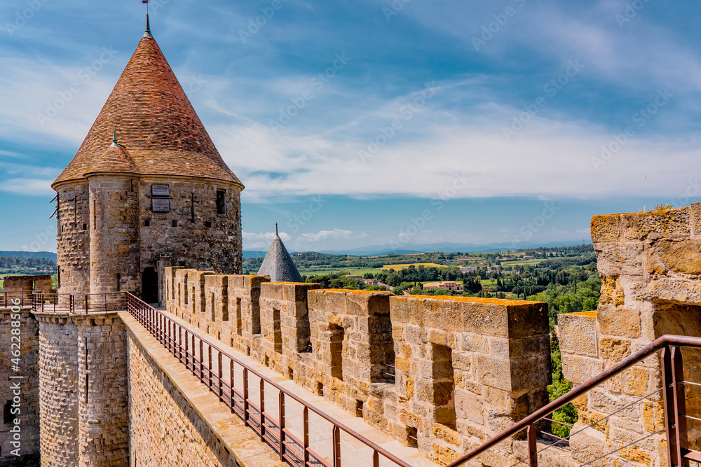 Obraz premium The Ancient Fortress of Carcassonne, France. Europe castle. View from the Cite.