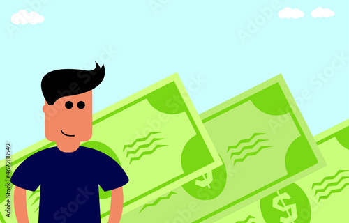 Young guy and green dollar banknotes background, greed concept