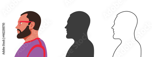 Man with glasses face from the side. Silhouettes of people in three different styles. Profile of a Face. Vector illustration