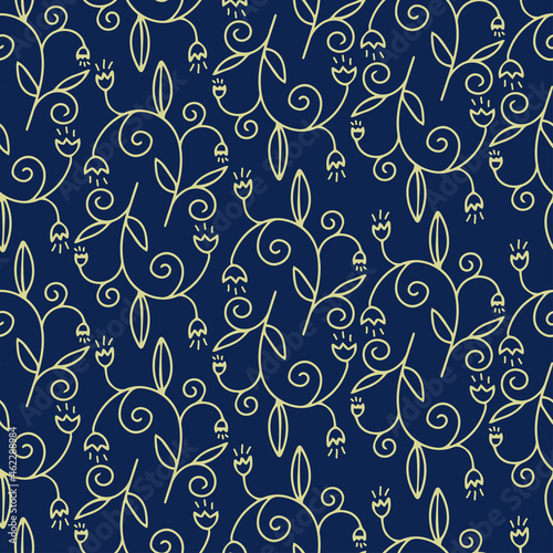 Seamless vector pattern of ornamental lined white abstract flowers in dark blue tones