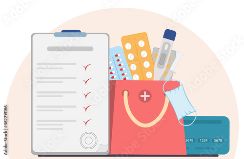 Medical pills or tablets in shopping basket, medical prescription, online shopping concept,  medical and healthcare concept, flat vector illustration