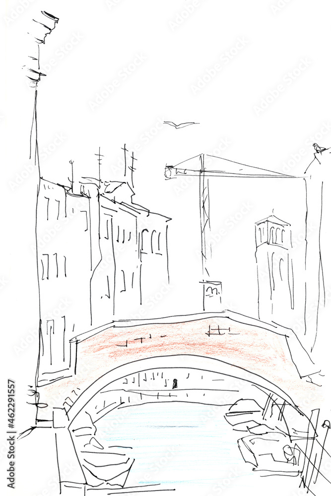 Fototapeta premium Venice canal houses bridge and construction crane graphic travel sketch