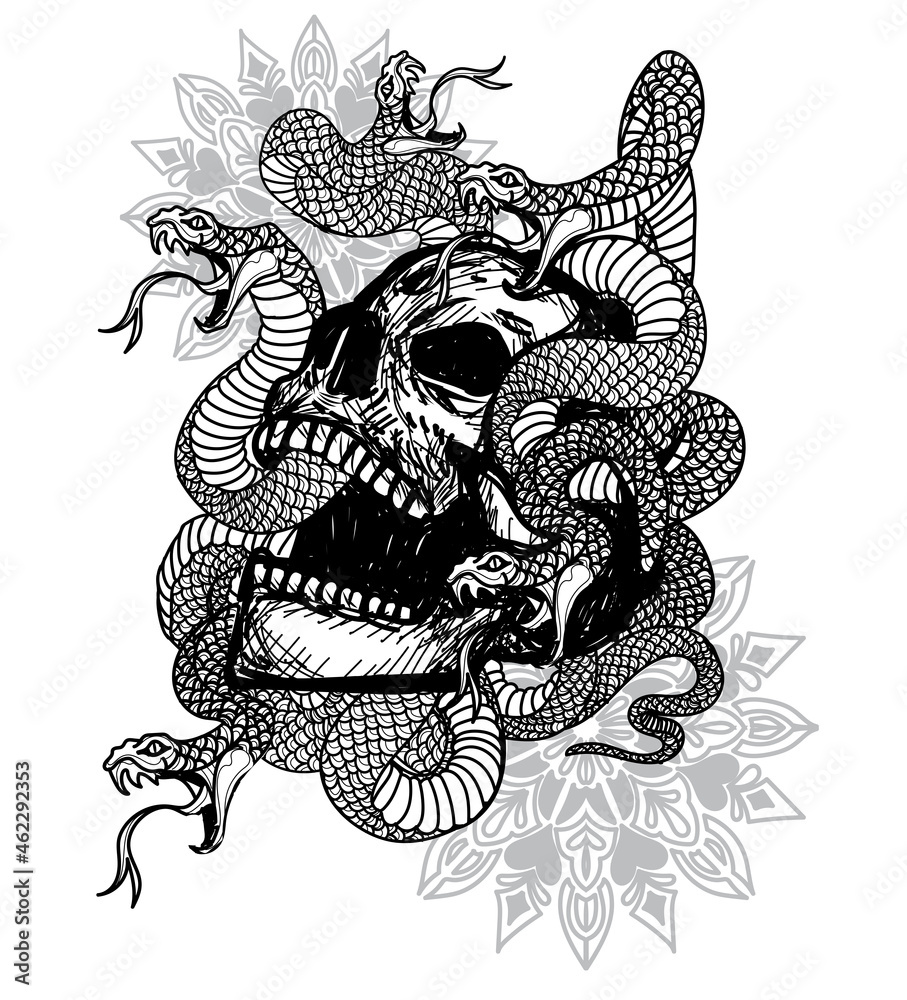 Tattoo art skull and snake hand drawing and sketch Tattoo art skull and snake hand drawing and sketch