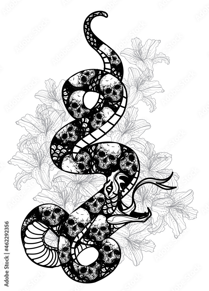 Fototapeta premium Tattoo art snak and skull pattern drawing and sketch black and white