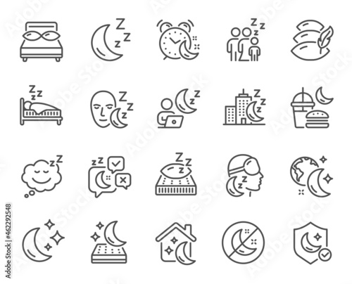 Sleep line icons. Sleeping pillow  Night bed and Insomnia sleeplessness. Bedroom rest mattress  Zzz snooze and Pillows with feather icons. Sleeping mask  Alarm clock and Human sleep in bed. Vector