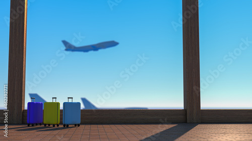 Suitcases in airport departure lounge, airplane in background. Summer vacation concept. Airport terminal waiting area, empty hall interior with large windows, focus on suitcases. 3d rendering