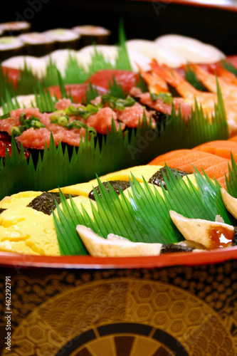 Picture of sushi tray Japanese culinary specialties in Tokyo.