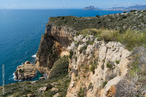 blue Mediterranean sea and limestone cliffs beautiful seascape in Spain Cap d  Or in Moraira