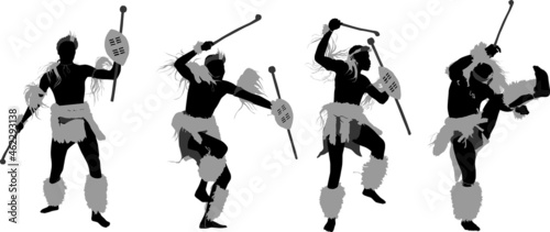 Vector illustration of a silhouette of an african zulu warrior dancing in traditional clothing photo
