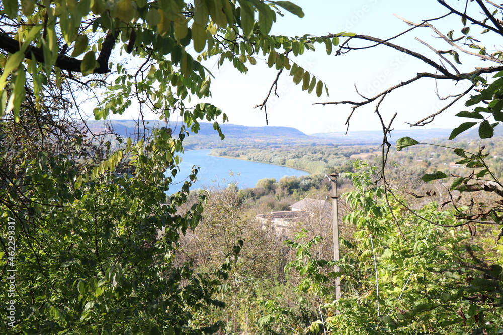 From behind the branches of greenery, a beautiful view of the river opens, which glows in the sun and gives off a blue color, like the ocean beckons with incredible beauty From behind the branches of greenery, a beautiful view of the river opens, which glows in the sun and gives off a blue color, like the ocean beckons with incredible beauty