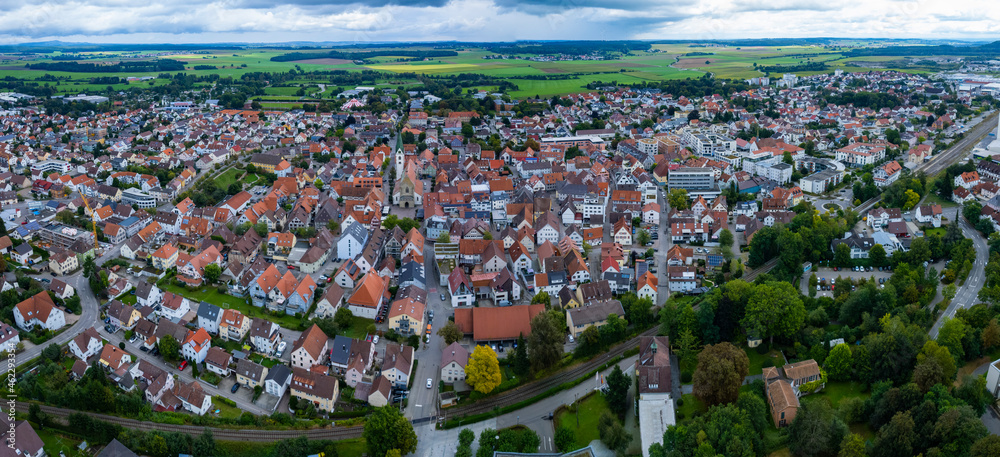 Aerial of the city Bad Saulgau in Germany on a cloudy day in summer
