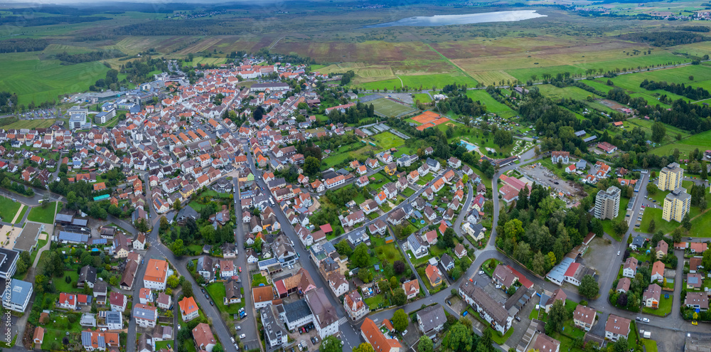 Aerial of the city Bad Buchau in Germany on a cloudy day in summer