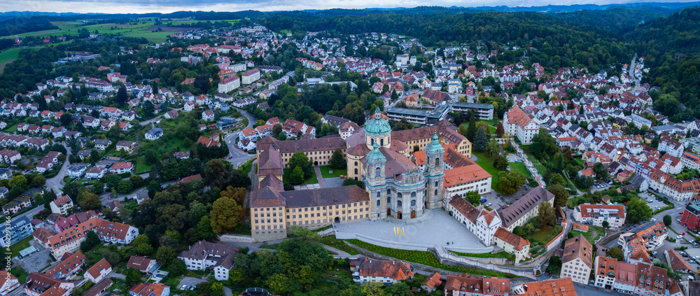 Aerial of the city Weingarten and monastery in Germany on a cloudy day in summer