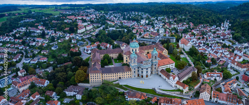 Aerial of the city Weingarten and monastery in Germany on a cloudy day in summer