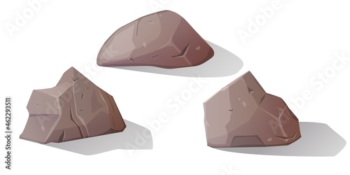 Rock stones, boulder and broken rubble, , vector isolated set. Multicolored Stones and rocks in isometric 3d view. Set of different boulders.