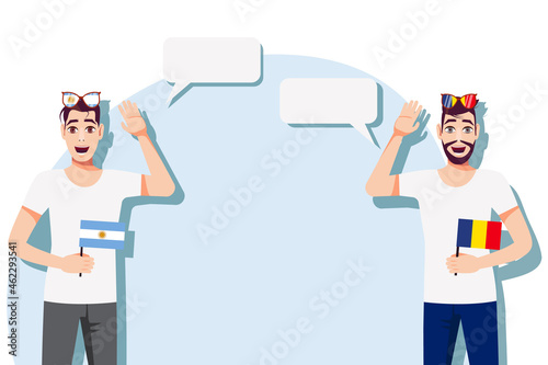 Men with Argentine and Romanian flags. Background for text. Communication between native speakers of Argentina and Romania. Vector illustration.