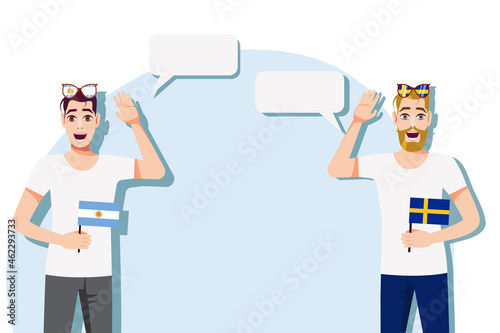 Vector illustration of people speaking the languages of Argentina and Sweden. Illustration of translation, transcription and dialogue between Argentina and Sweden.