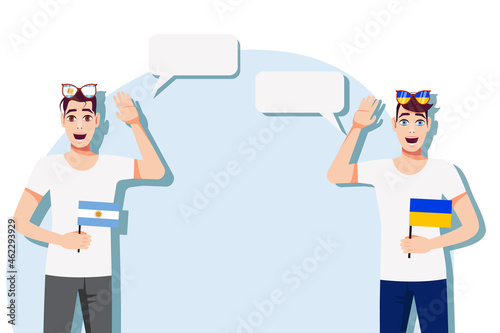 Vector illustration of people speaking the languages of Argentina and Ukraine. Illustration of translation, transcription and dialogue between Argentina and Ukraine.