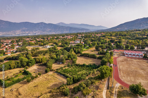 Aerial drone view over country Velventos village in Greece. photo