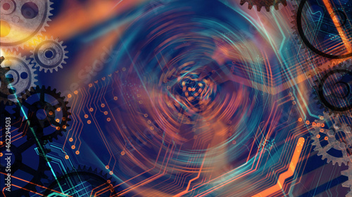 banner of old technology and new using computer circuits and old machine cogs